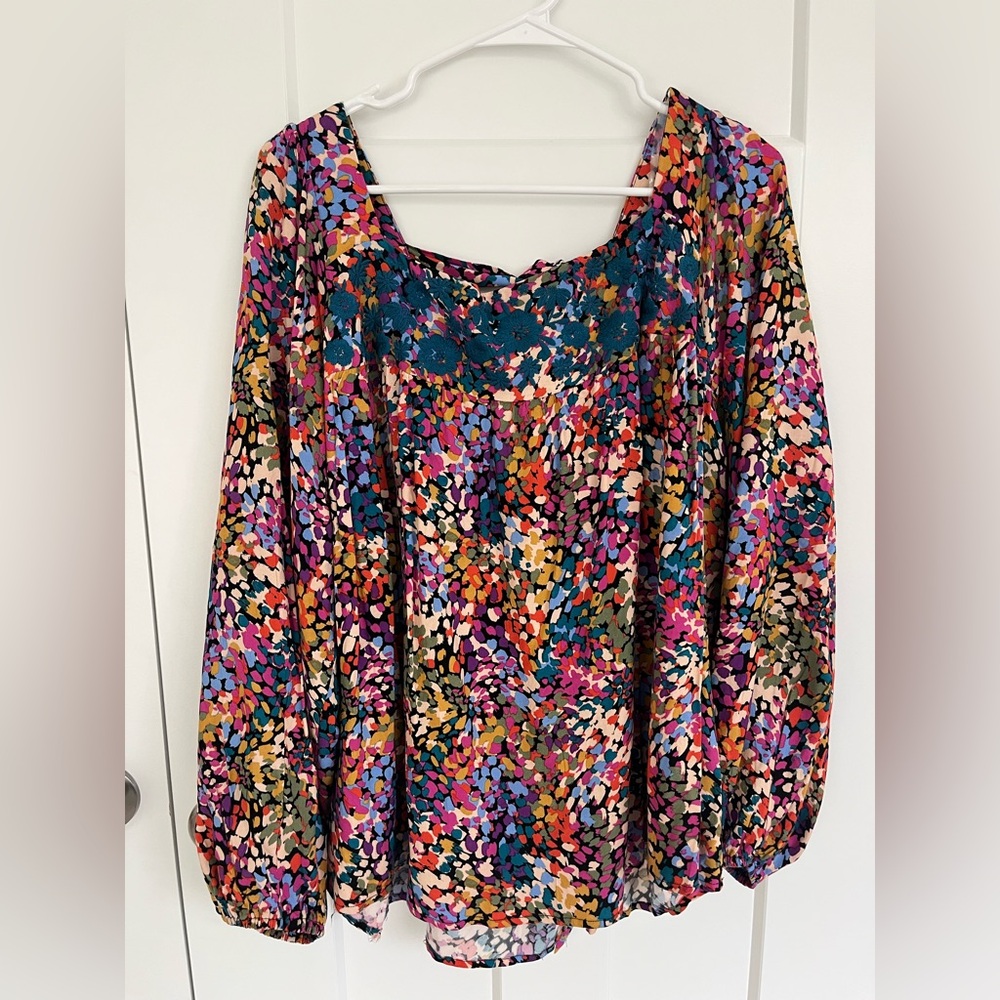 Savanna Jane Boho Floral Blouse Embroidered Square Neck Tie Back Size 1X NWT Art